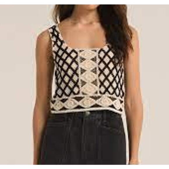 Z Supply Calle Square Neck Crochet Cropped Tank Top Tan Black Small - Picture 1 of 7